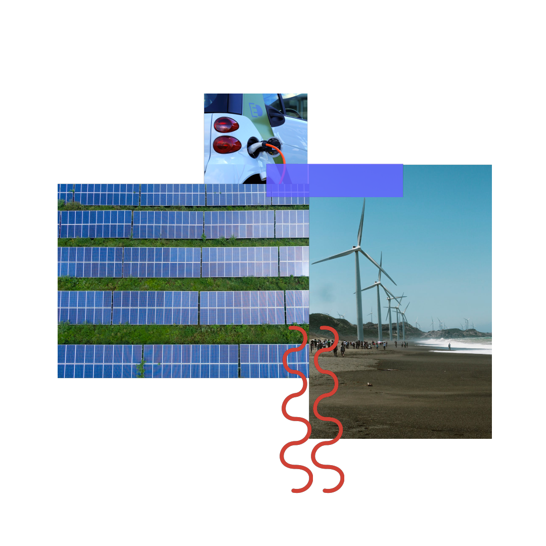 Photos of An Electric Vehicle, Solar Panels and Windmills, all held together by a piece of tape with two squiggly lines below them