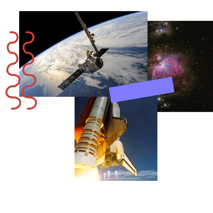 Photos of a satellite over the earth, a rocket launching and a galaxy, all held together by a piece of tape with two squiggly lines below them